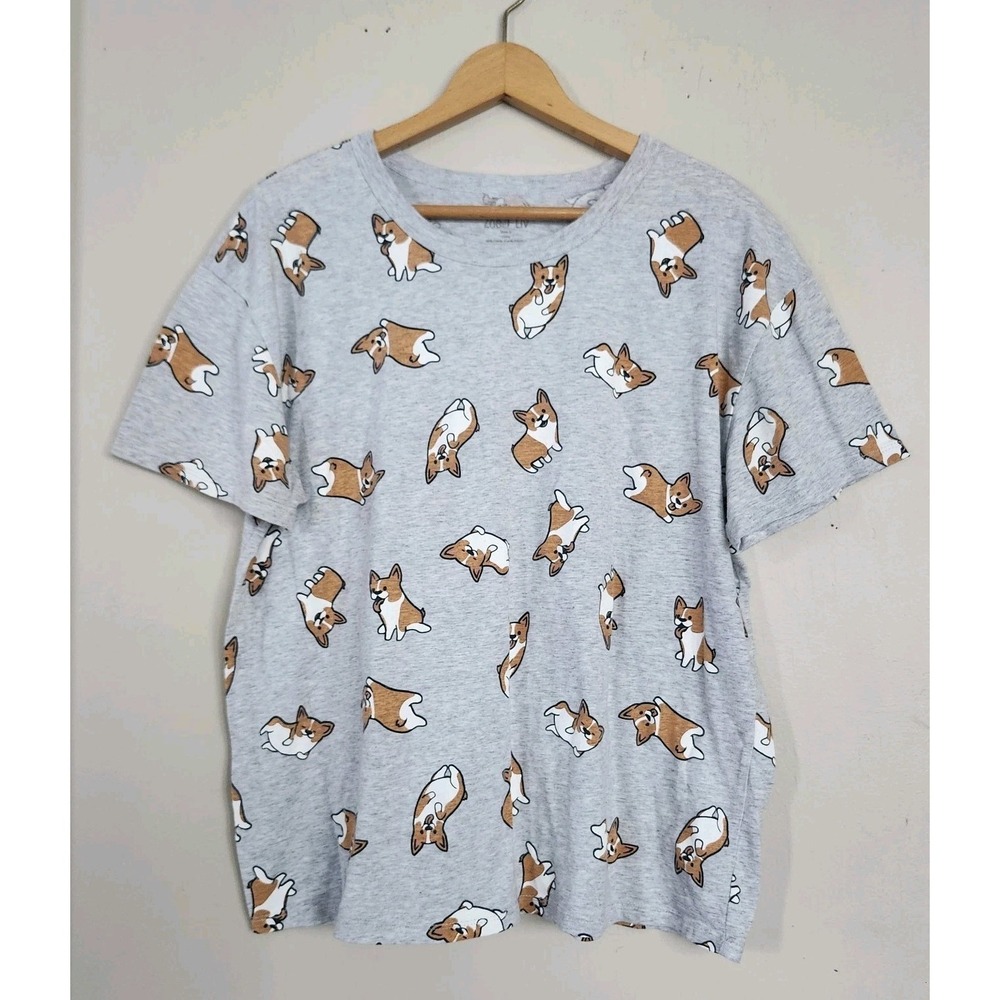 Zoe + Liv Womens XXL Gray Corgi Print Crew Neck T-Shirt Whimsical Dog Mom Fun